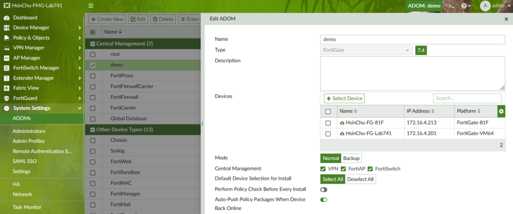 FortiManager Auto-Push Policy